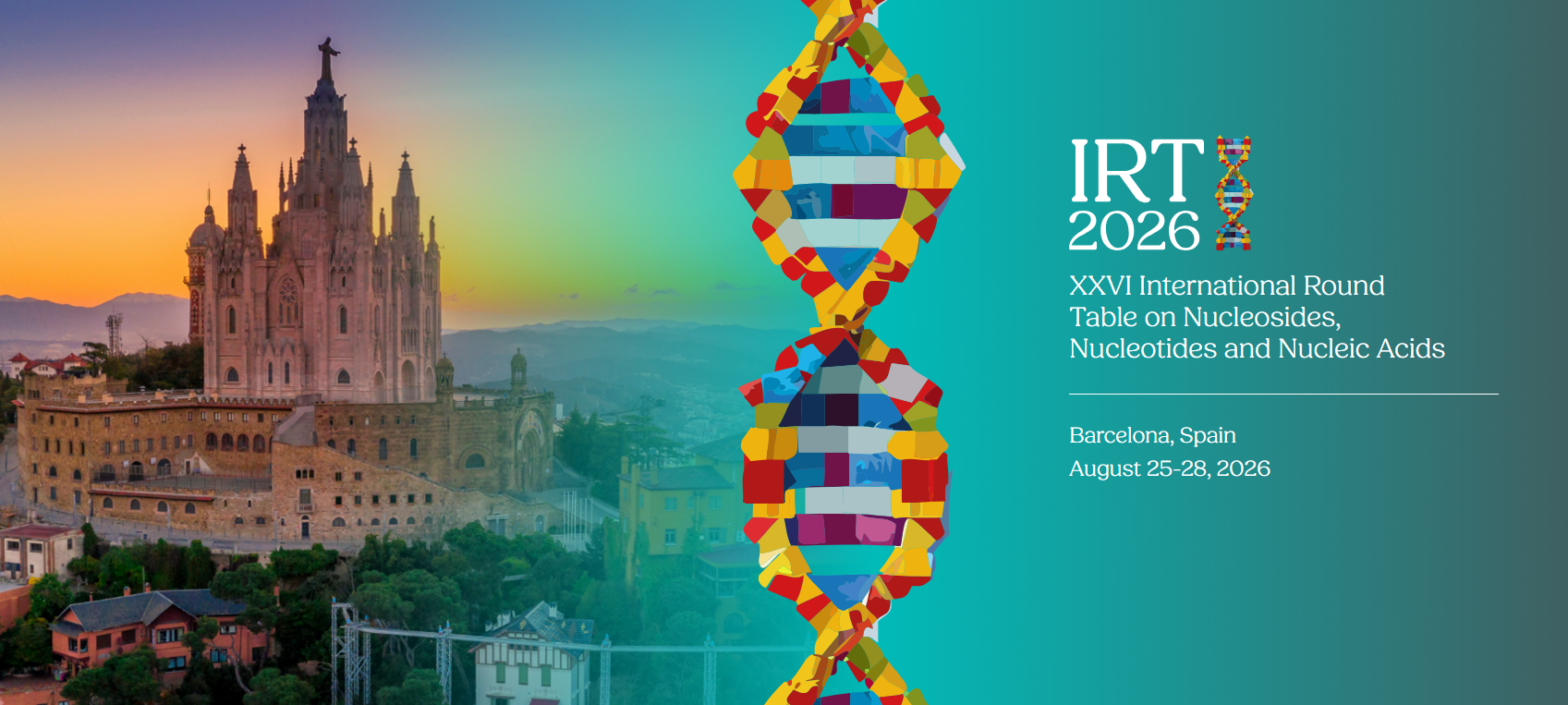 Cartell de l’IRT 2026 a Barcelona, congrés internacional sobre nucleòsids, nucleòtids i àcids nucleics, amb una representació artística d’una doble hèlix d’ADN.